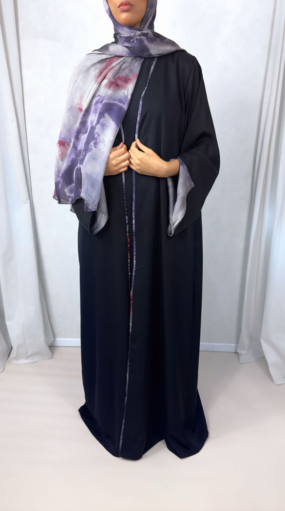 New Open Abaya with Satin Chiffon Lining – Stunning Purple Hues