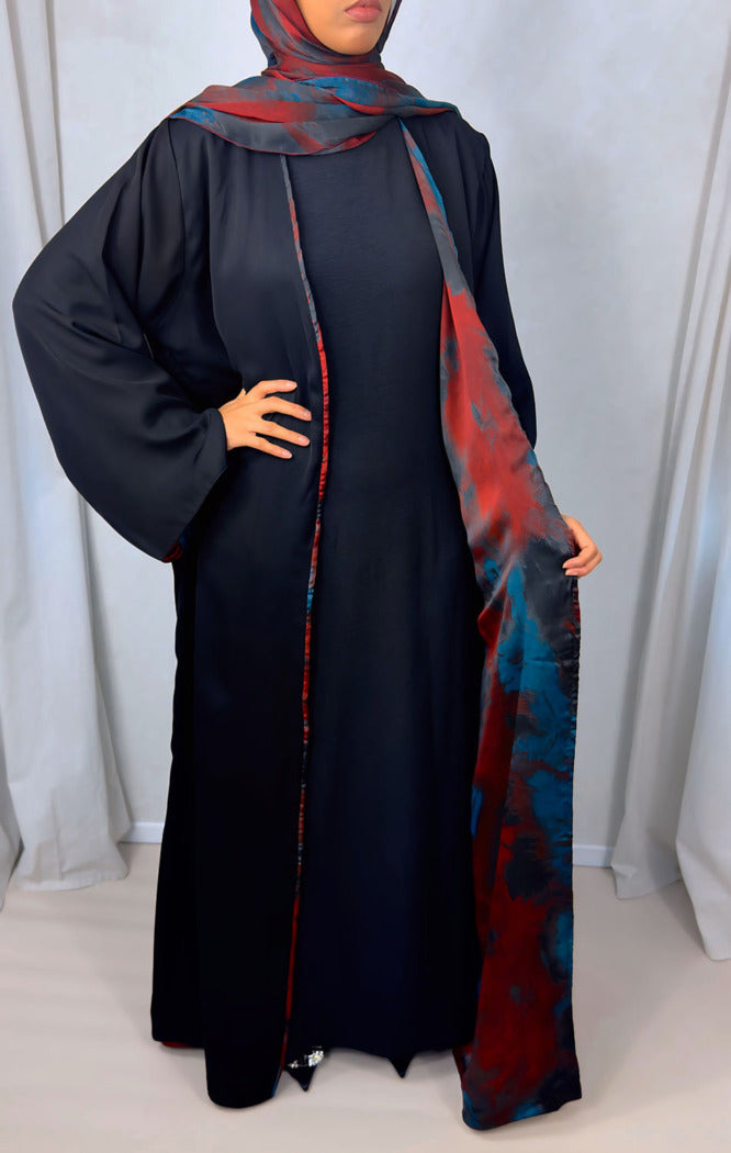 New Open Abaya with Satin Chiffon Lining – Bold Red & Blue Hues