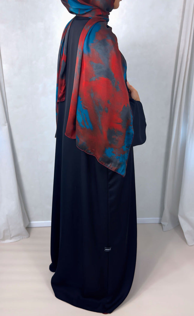 New Open Abaya with Satin Chiffon Lining – Bold Red & Blue Hues