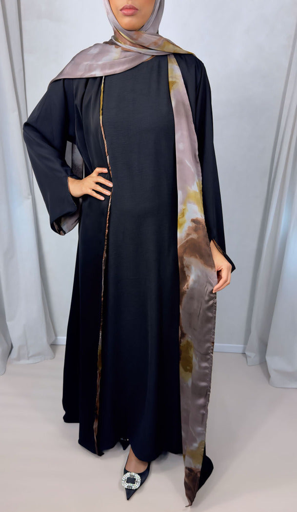 New Open Abaya with Satin Chiffon Lining – Elegant Taupe Hues