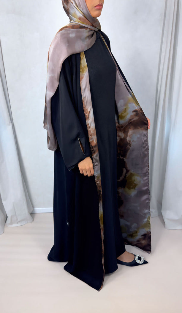 New Open Abaya with Satin Chiffon Lining – Elegant Taupe Hues