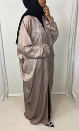 Soft rose satin foil open abaya, front view