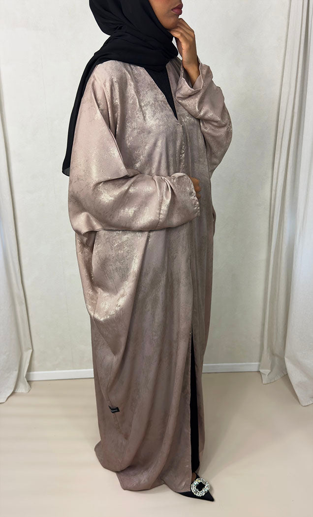 Soft rose satin foil open abaya, front view