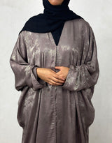 Taupe rose satin foil open abaya, front view