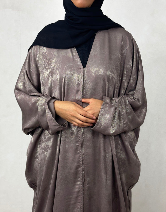 Taupe rose satin foil open abaya, front view
