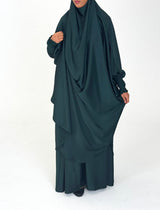Dark green two-piece jilbab set, overhead top and maxi skirt, front view