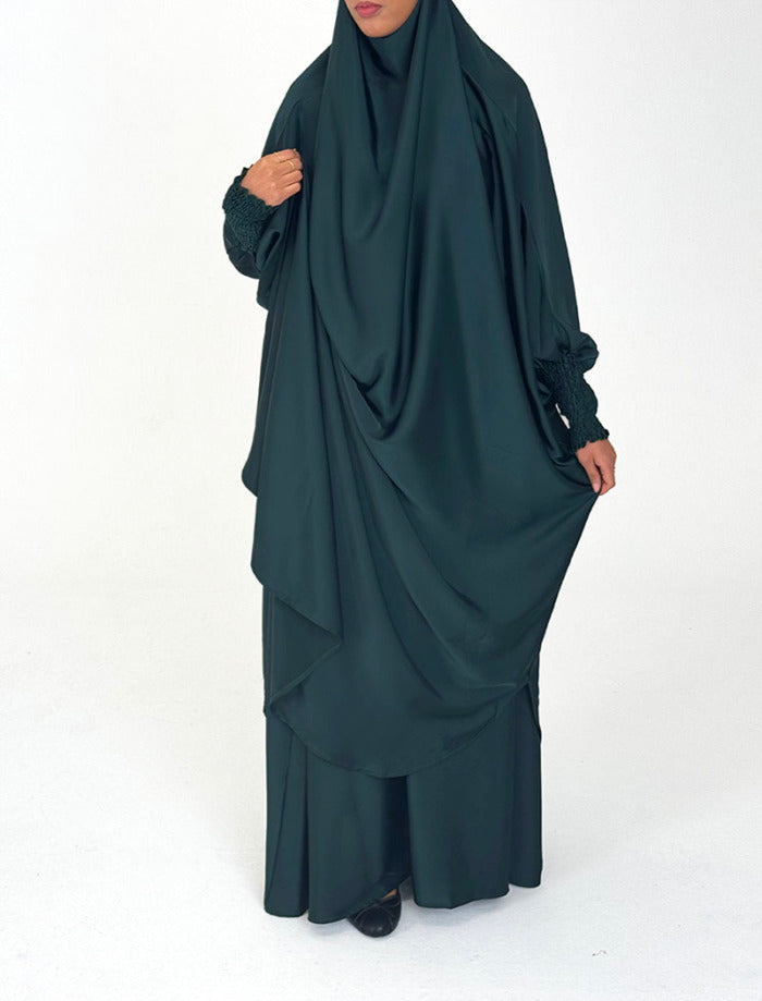 Dark green two-piece jilbab set, overhead top and maxi skirt, front view