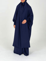 Navy blue two-piece jilbab set, overhead top and maxi skirt, front view