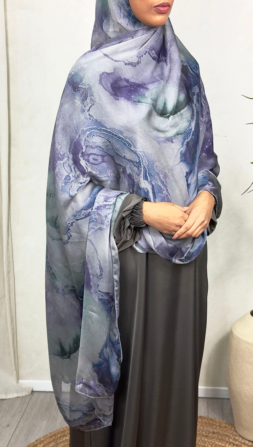 Blue satin chiffon hijab draped