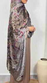 XL brown alcohol ink satin chiffon hijab, full view