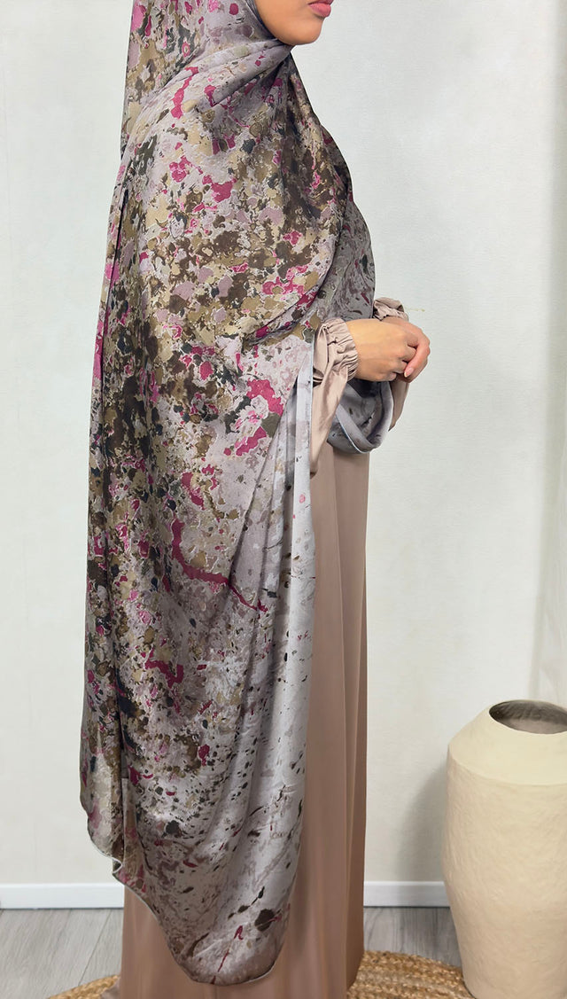 XL brown alcohol ink satin chiffon hijab, full view