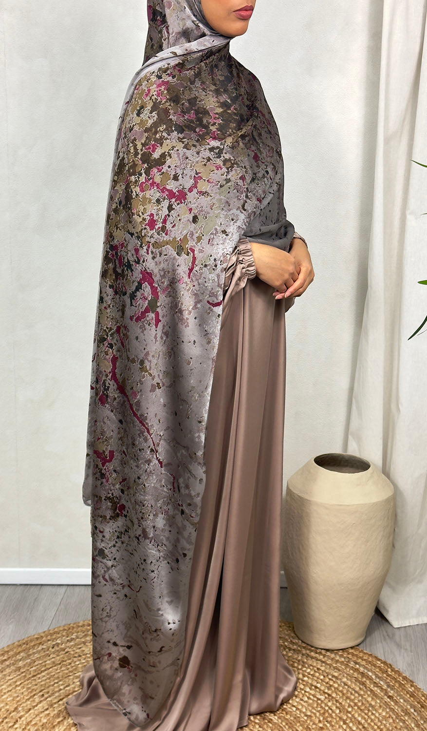 Brown satin chiffon hijab draped