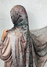 XL green alcohol ink satin chiffon hijab, full view