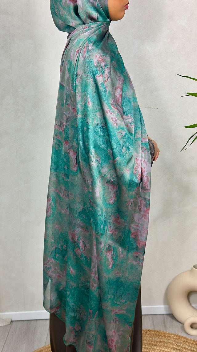 NEW XL Alcohol Ink Satin Chiffon Scarf – Aqua Hues