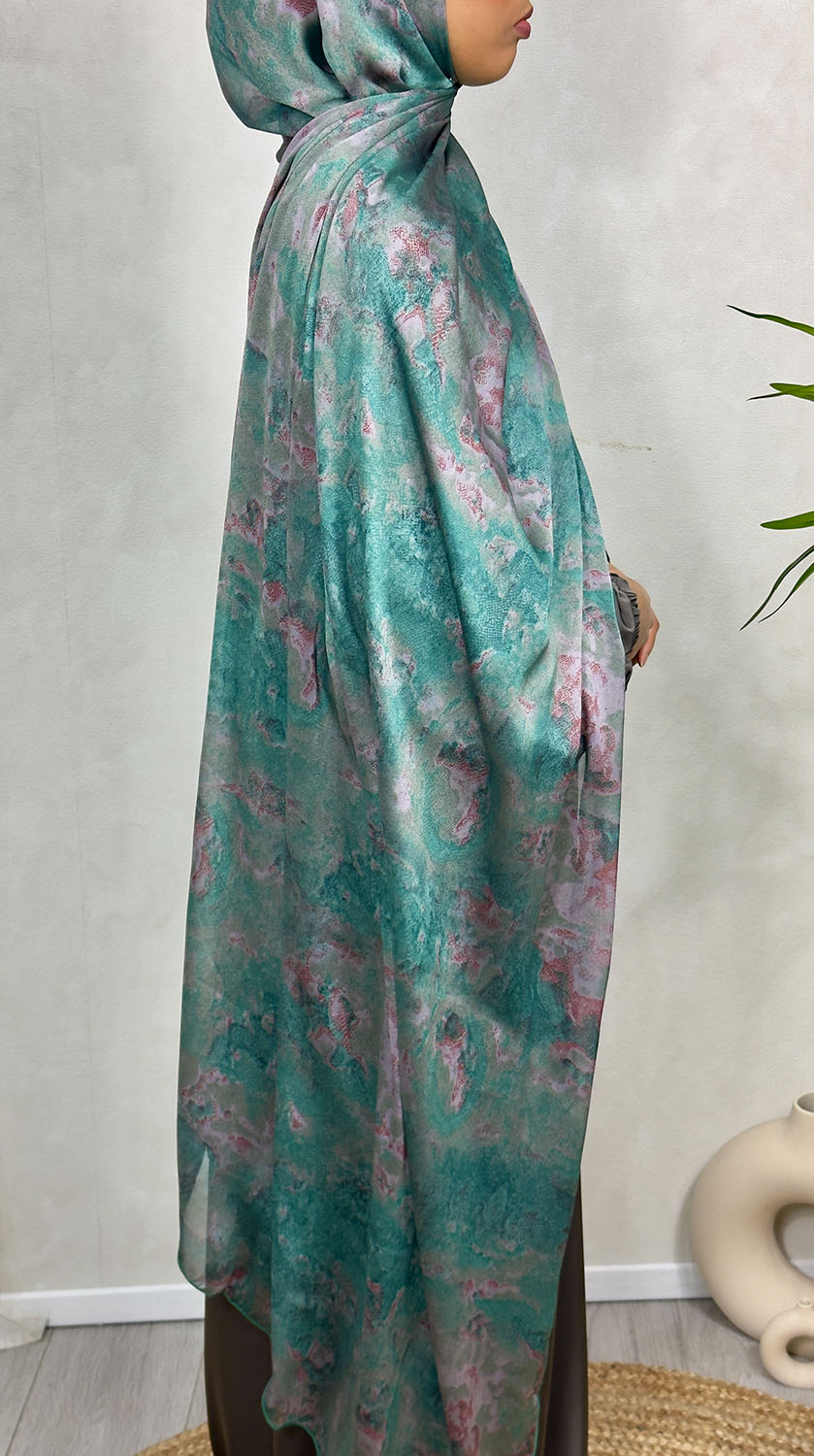NEW XL Alcohol Ink Satin Chiffon Scarf – Aqua Hues