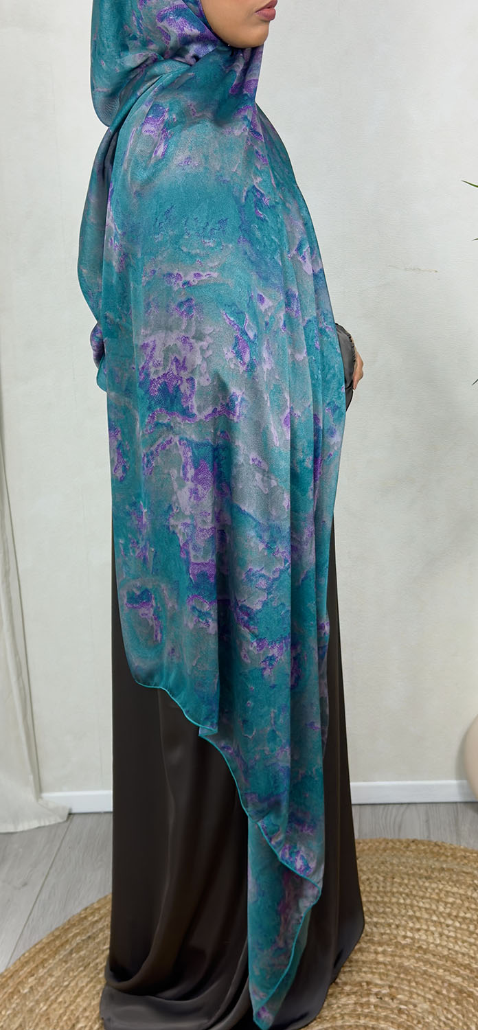NEW XL Alcohol Ink Satin Chiffon Scarf – Turquoise Hues