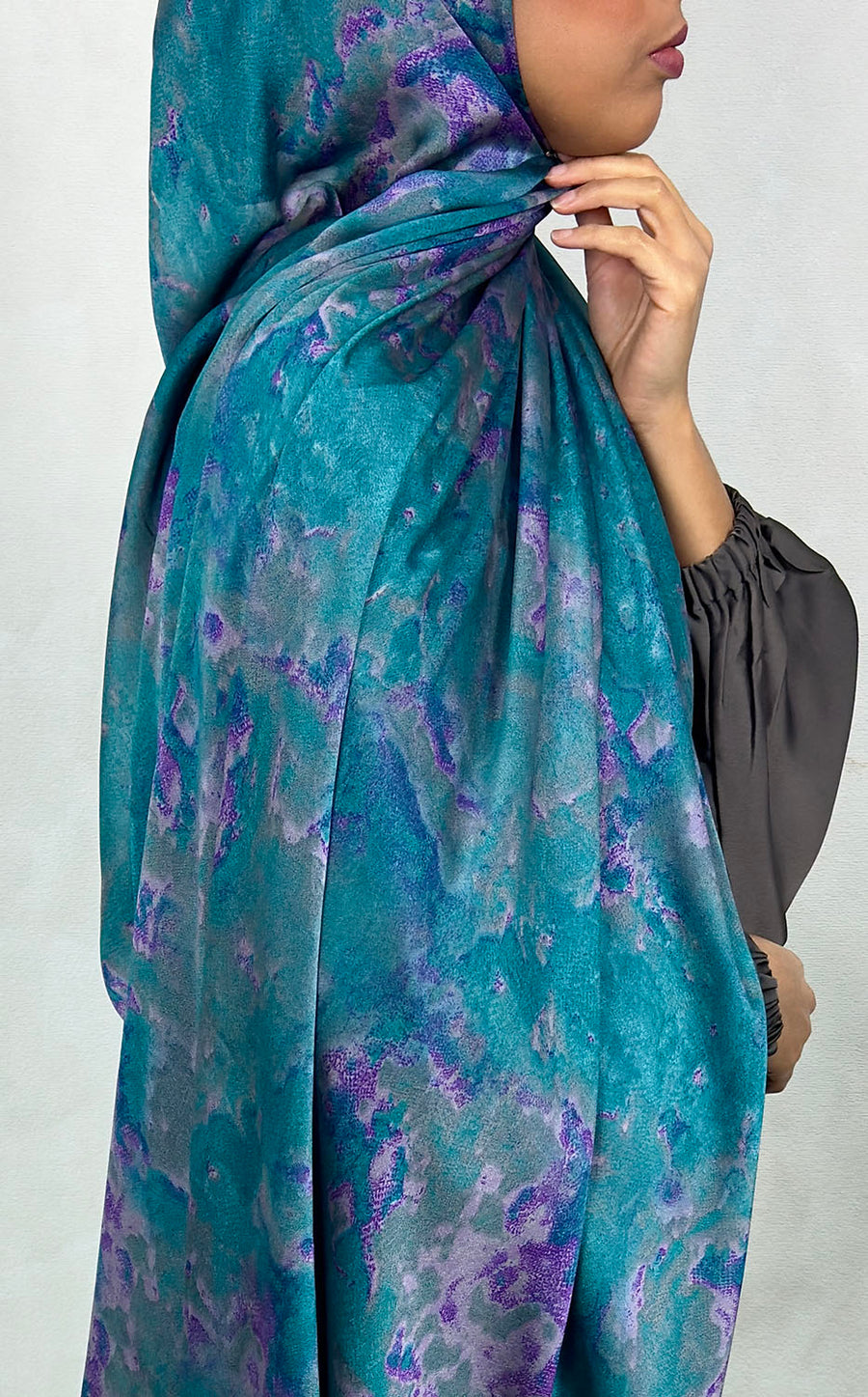 NEW XL Alcohol Ink Satin Chiffon Scarf – Turquoise Hues