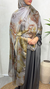 NEW XL Alcohol Ink Satin Chiffon Scarf – Brown and Gold Hues