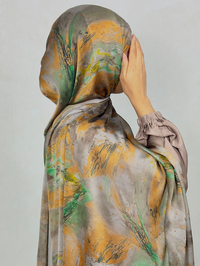 NEW XL Alcohol Ink Satin Chiffon Scarf – Green and Orange Hues