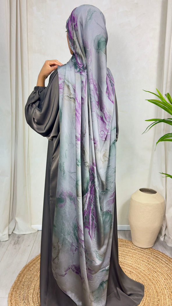 NEW XL Alcohol Ink Satin Chiffon Scarf – Grey and Purple Hues