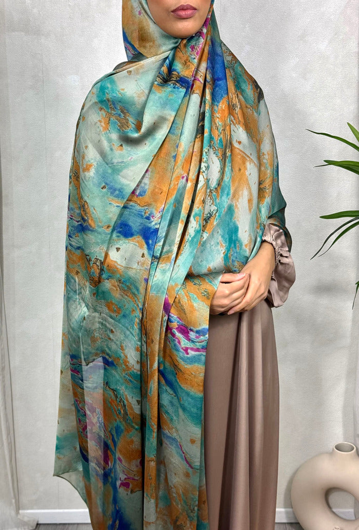 NEW XL Alcohol Ink Satin Chiffon Scarf – Orange and Blue Hues