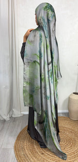 NEW XL Alcohol Ink Satin Chiffon Scarf – Teal and Green Hues