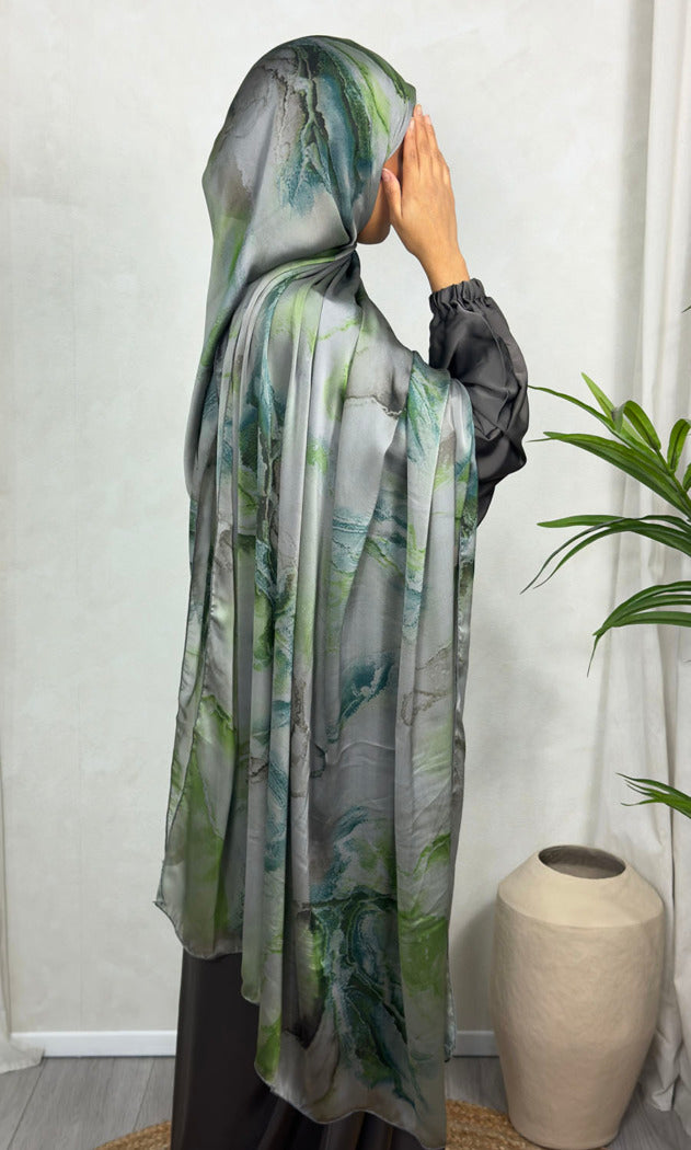NEW XL Alcohol Ink Satin Chiffon Scarf – Teal and Green Hues