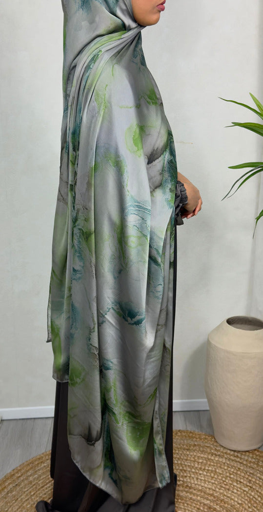 NEW XL Alcohol Ink Satin Chiffon Scarf – Teal and Green Hues