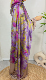 NEW XL Alcohol Ink Satin Chiffon Scarf – Yellow and Purple Hues