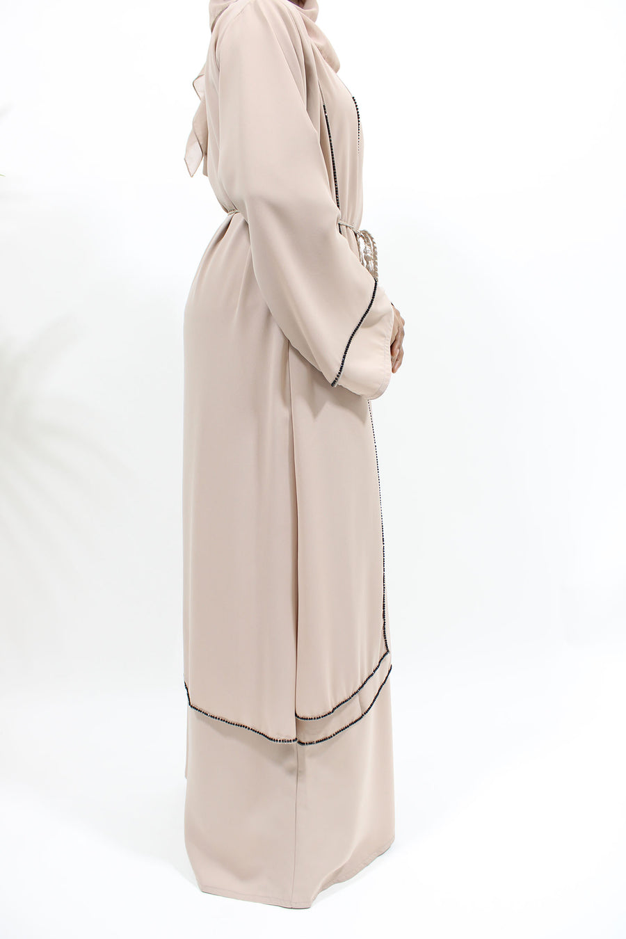 Nude open abaya showing the chiffon overlayer floating over the Neda underlayer
