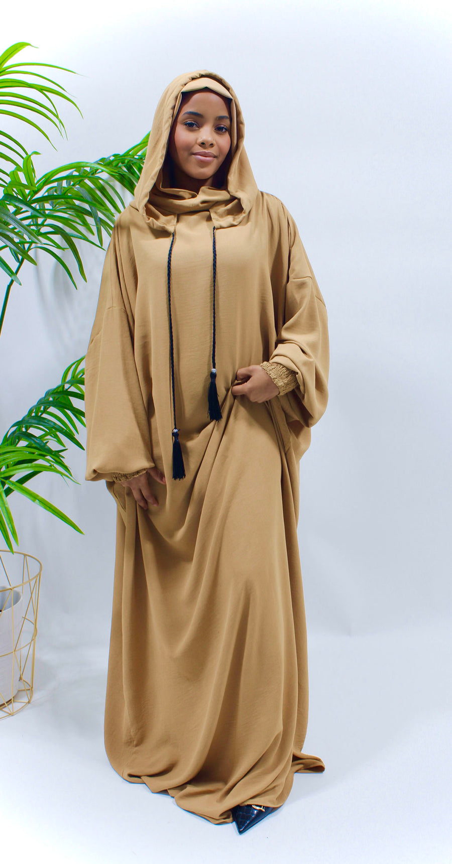 Mustard Cey hooded prayer abaya styled for everyday prayer wear