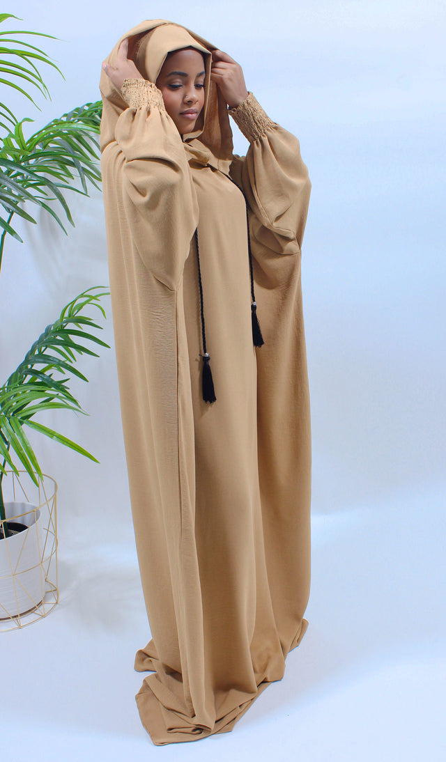 Mustard one-piece hooded prayer abaya with double hood, shown front-on