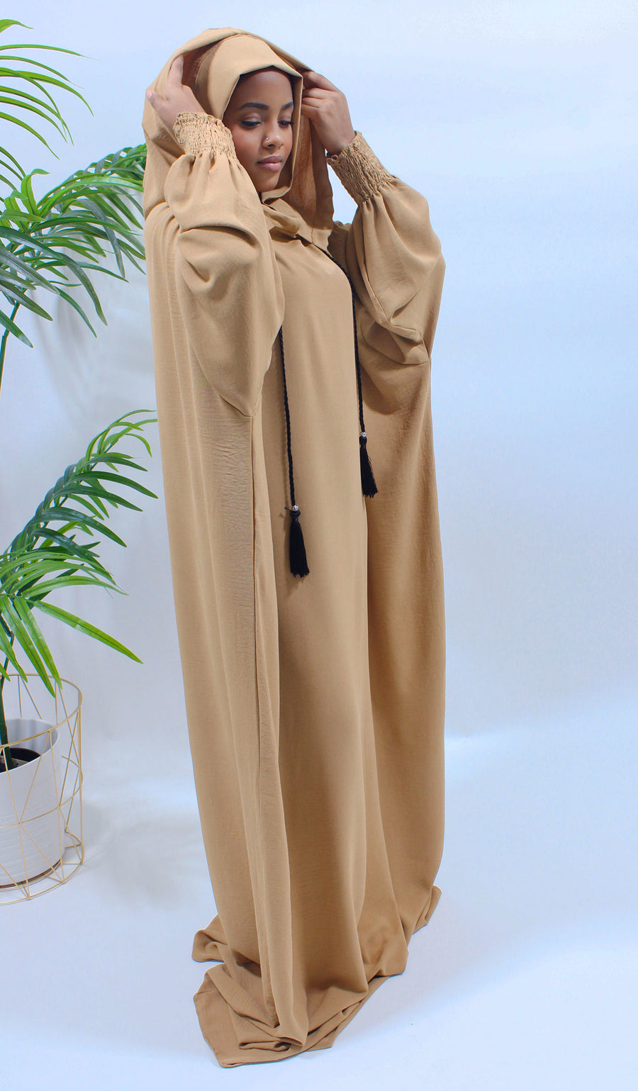 Mustard one-piece hooded prayer abaya with double hood, shown front-on