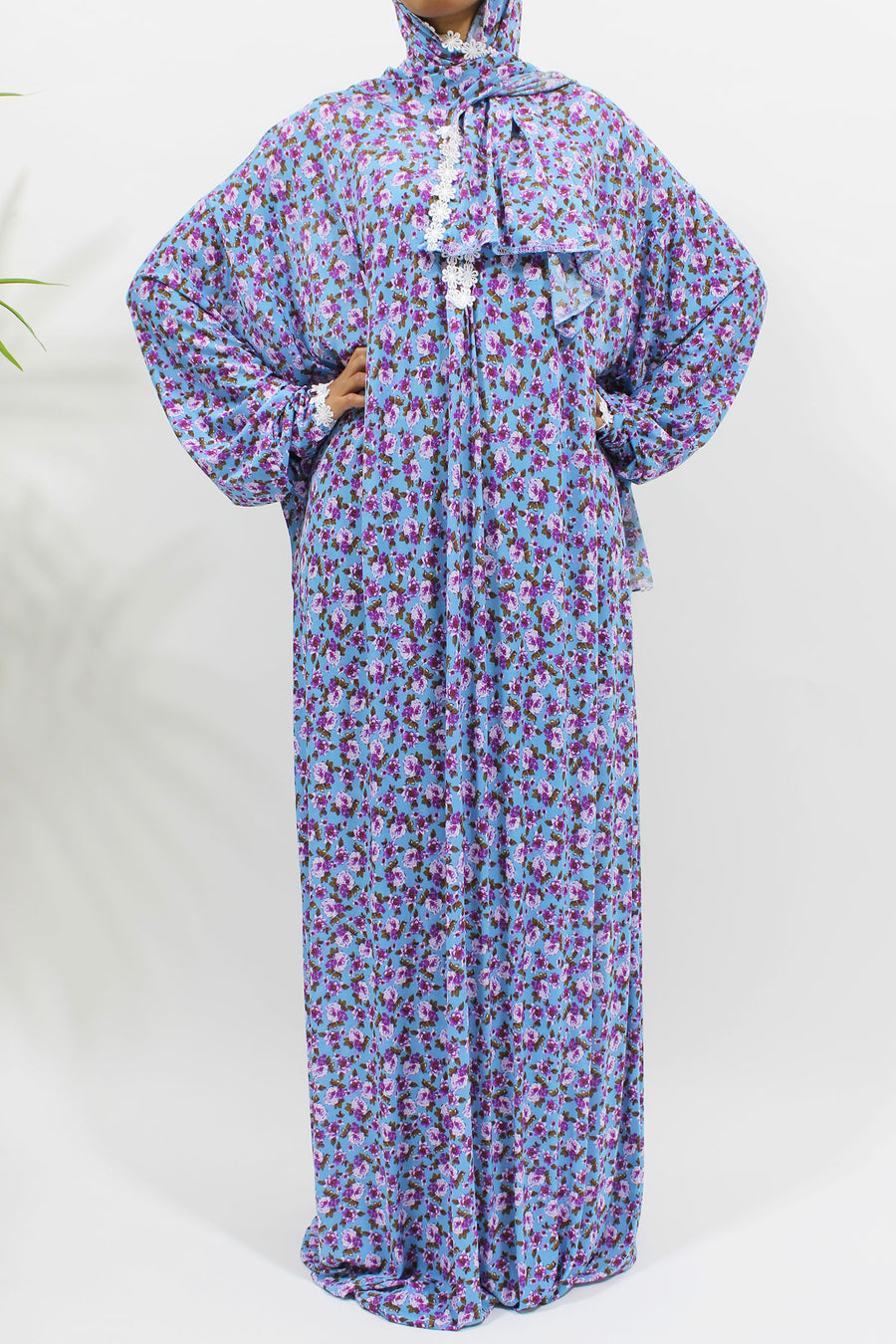 Light blue floral prayer dress showing the attached hijab and full length
