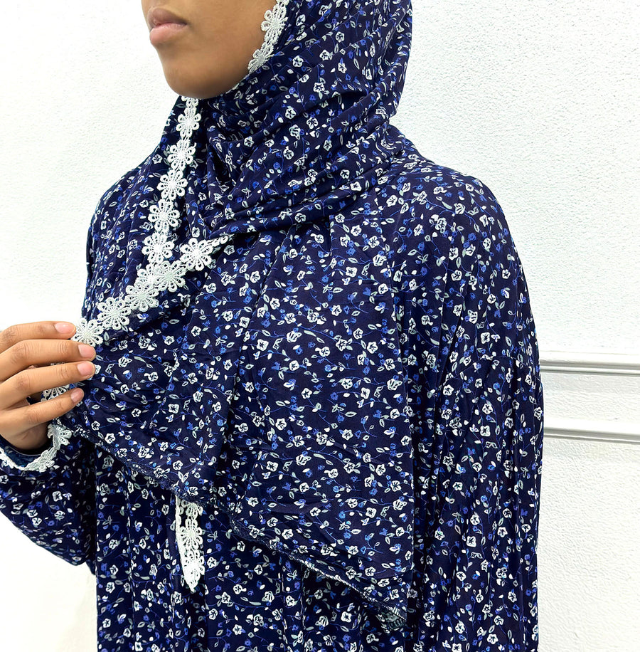 Navy dainty floral jersey prayer dress, full-length view