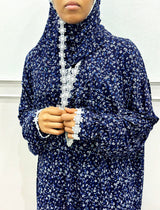 Navy dainty floral prayer dress with attached scarf, front view