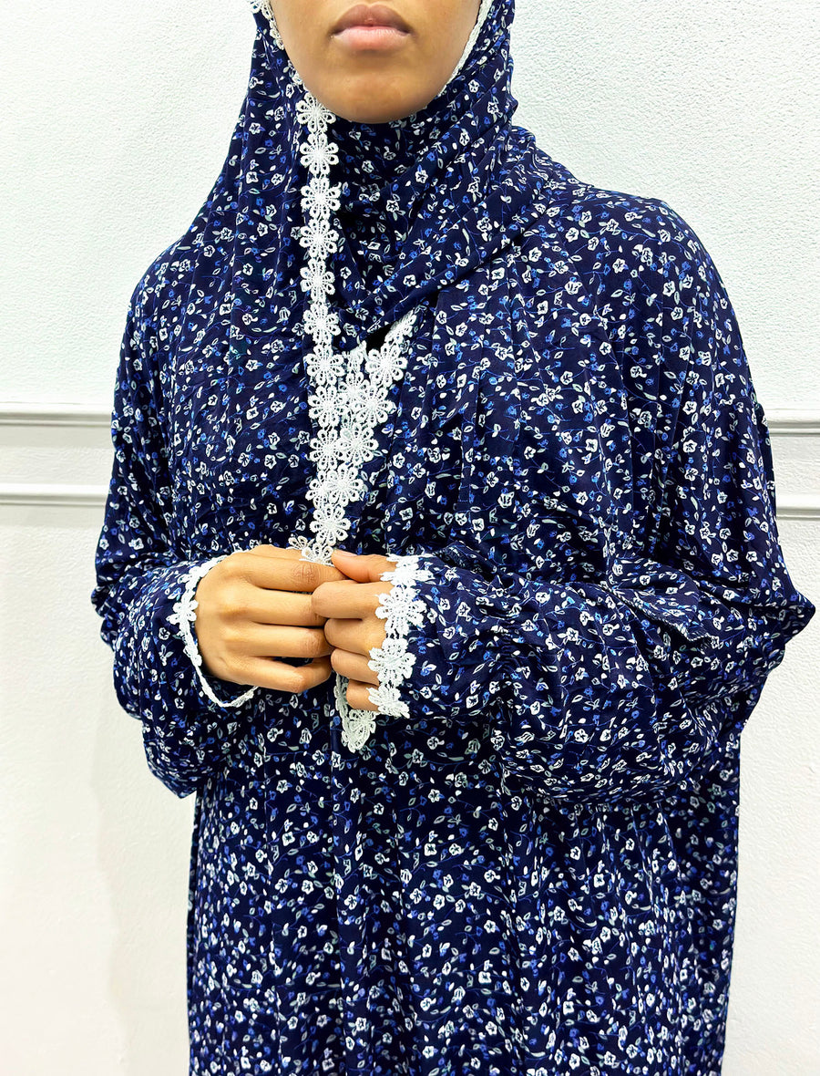 Navy dainty floral prayer dress with attached scarf, front view
