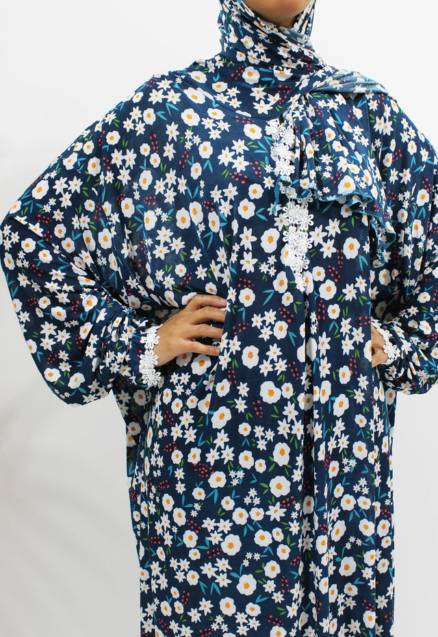 Navy floral lace trim prayer dress with attached hijab, front view
