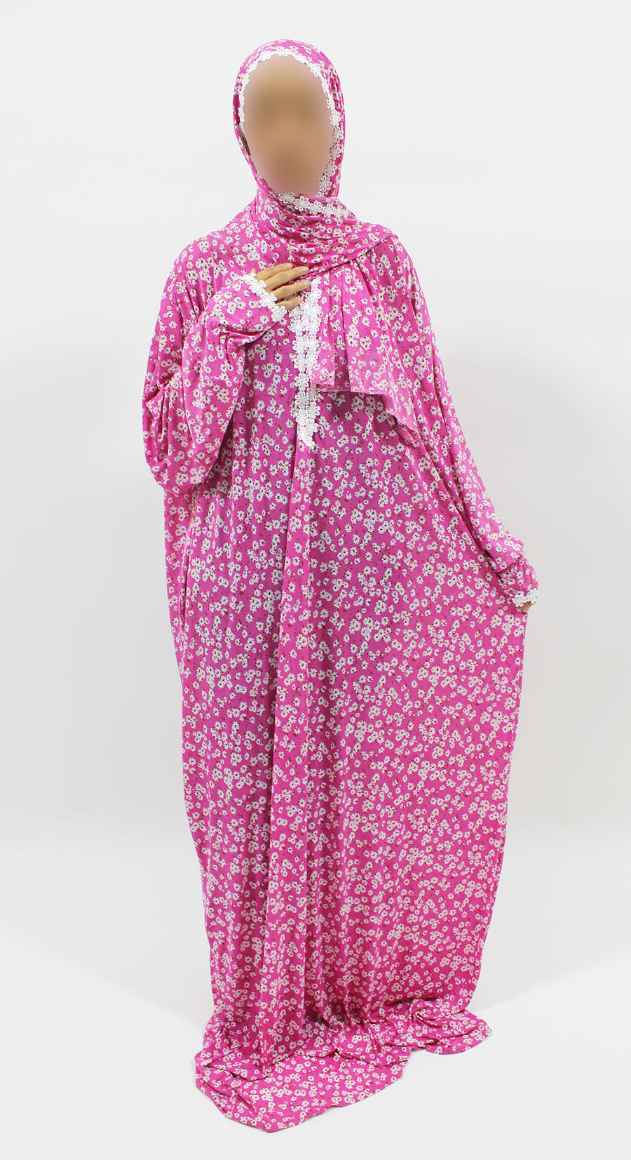 Pink candy floral prayer dress showing the attached hijab and full length