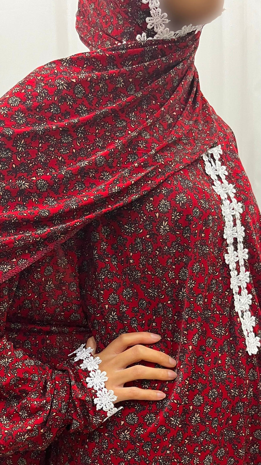 Red lace trim floral prayer dress with attached hijab, front view