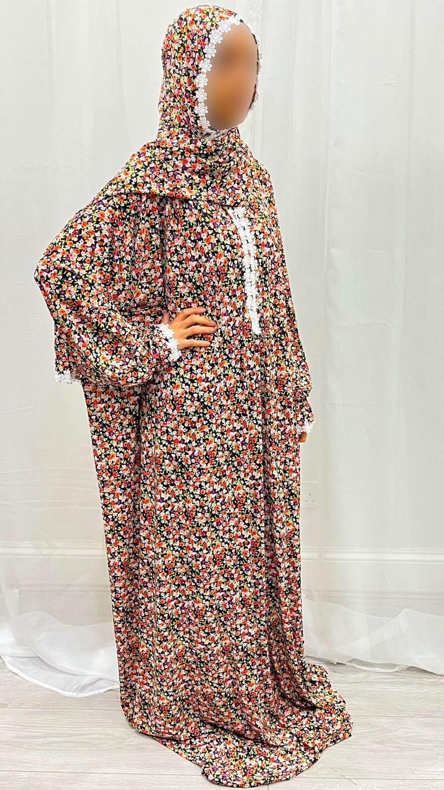 Summer floral prayer dress showing the attached hijab and full length