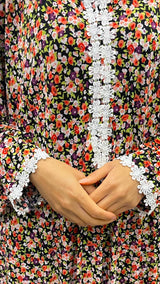 Summer multi-colour lace trim floral prayer dress with attached hijab, front view
