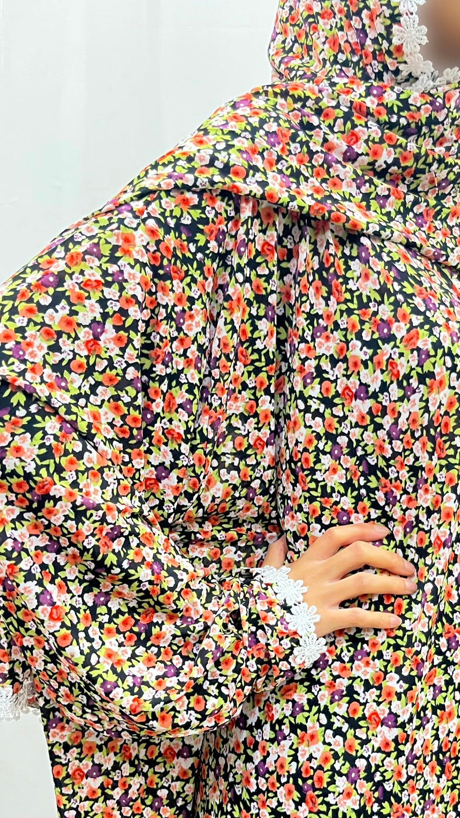 Summer floral prayer dress showing the lace trim detail