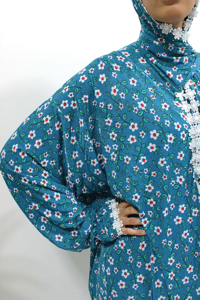 Yale blue lace trim floral prayer dress with attached hijab, front view