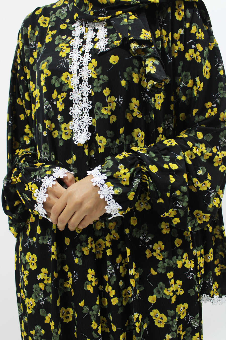 Yellow floral lace trim prayer dress with attached hijab, front view