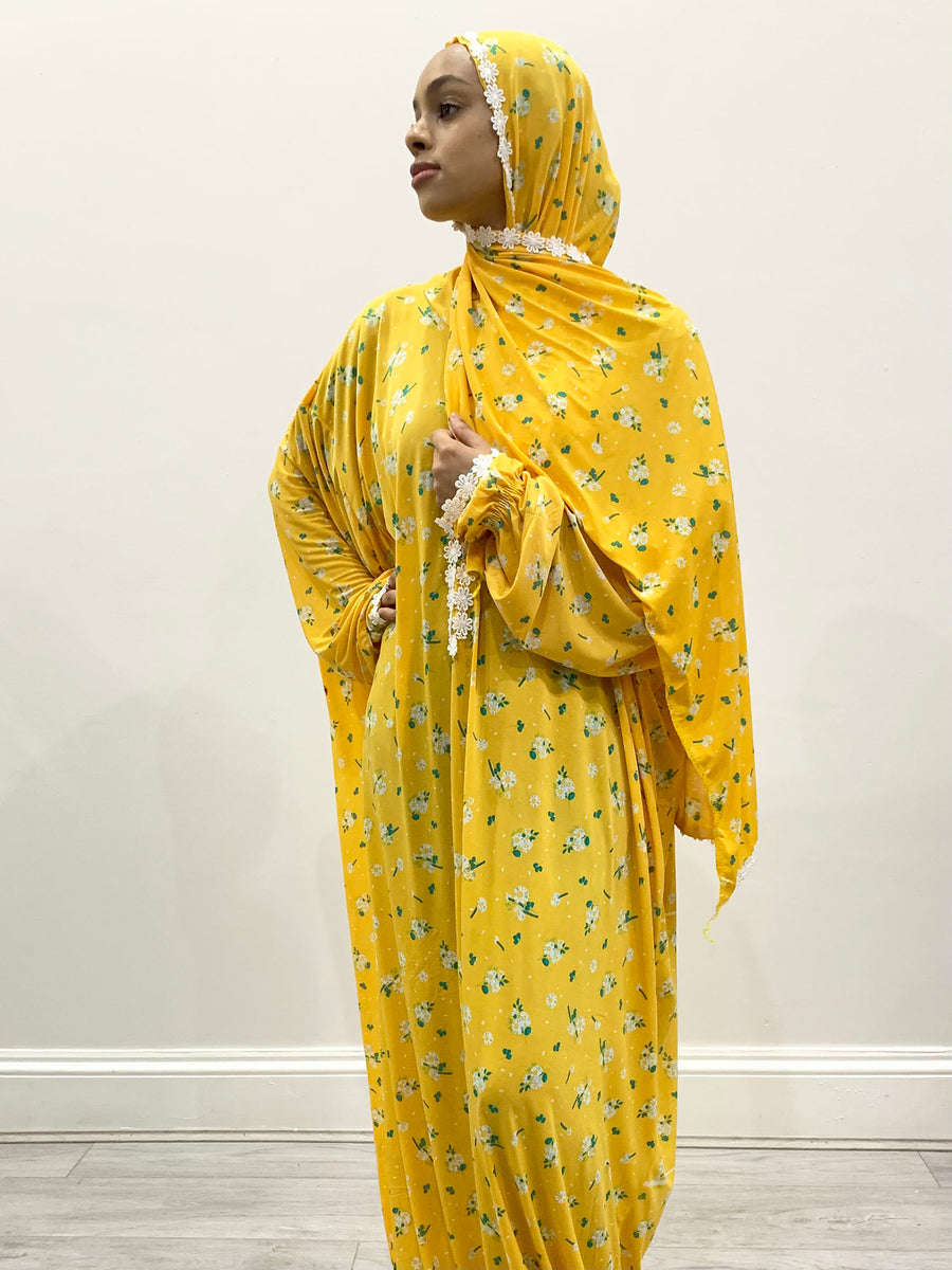 Tuscany yellow prayer dress showing the lace-trim attached scarf