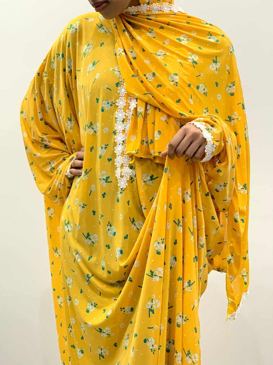 Tuscany yellow prayer dress floral print detail