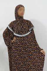 Chocolate floral slip-on jersey prayer dress with attached hijab, front view
