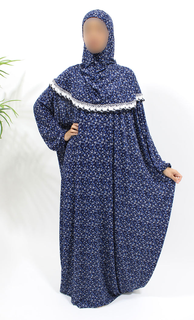 Navy blue floral slip-on jersey prayer dress with attached hijab, front view