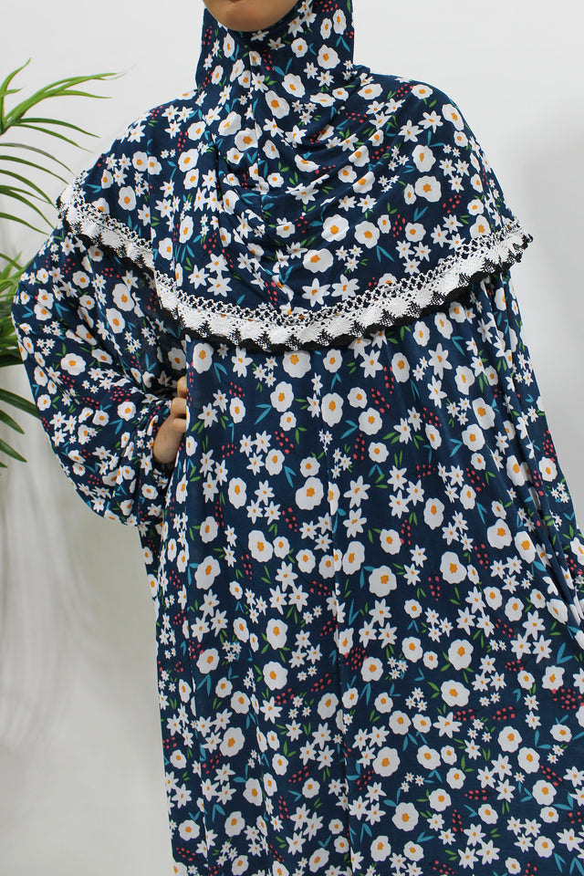 Navy floral slip-on jersey prayer dress with attached hijab, front view